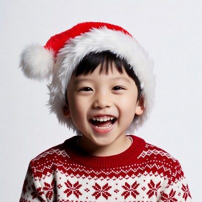 Asian boy smiling in Santa hat