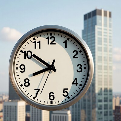 Clock with skyscrapers in background
