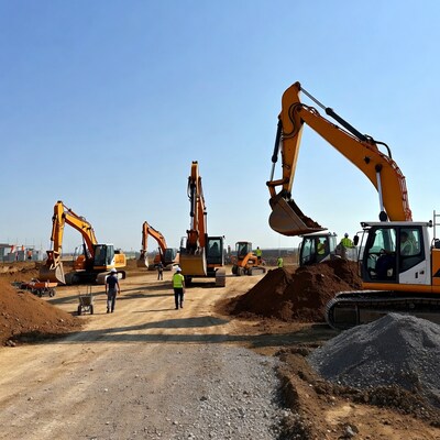 Construction workers and excavators at site