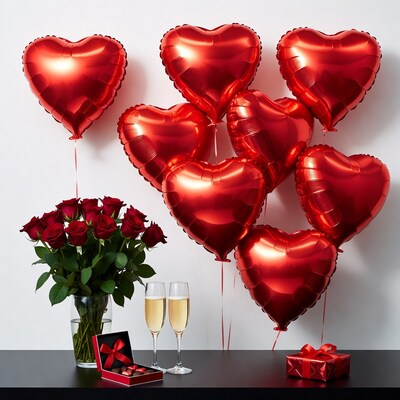 Red Heart Balloons with Roses and Champagne