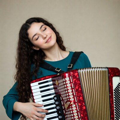 Young woman playing accordion