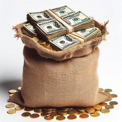 Money Bag Overflowing with Cash and Coins