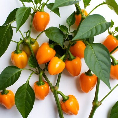 Orange peppers on green plant