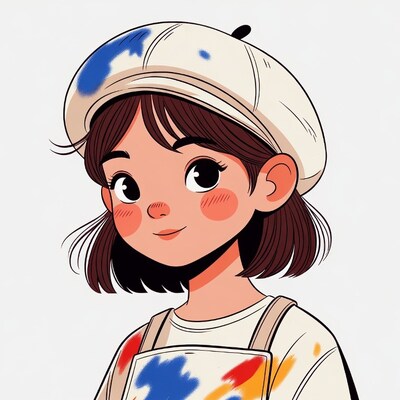 Artist girl in paint-splattered beret