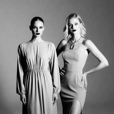 Two women in elegant dresses posing