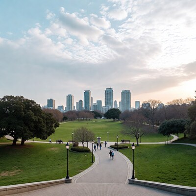 Park Path with Skyscrapers and People