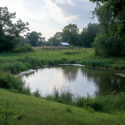 Barn by Pond in Grassy Field