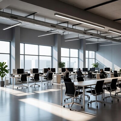 Modern open-plan office with workers