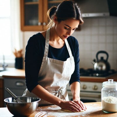 Woman kneading dough in kitchen