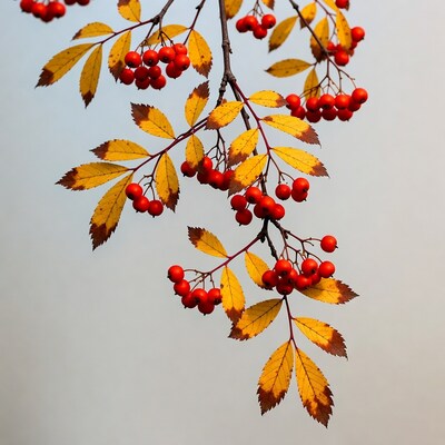 Red Mountain Ash Berries on Autumn Branches