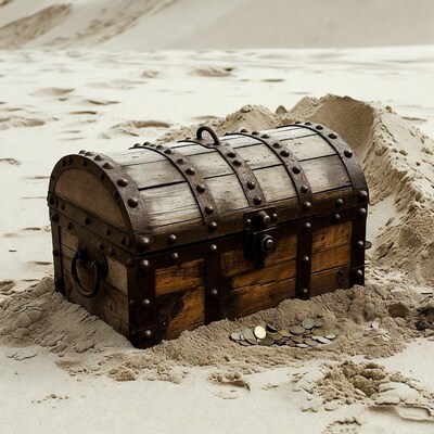 Treasure Chest in Sand with Coins