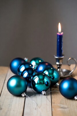 Blue Christmas Ornaments and Lit Candle