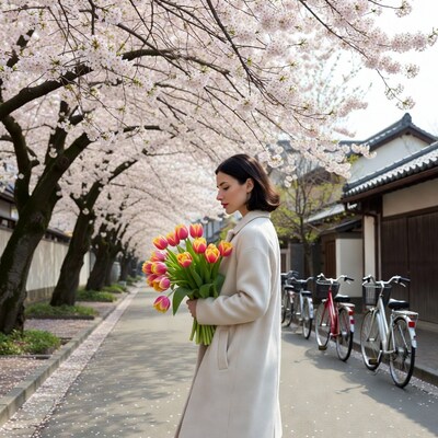 Asian woman holding tulips under cherry blossoms