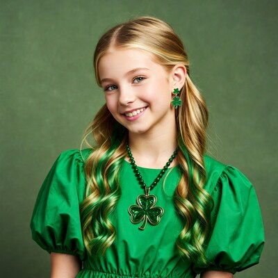Girl in green shamrock dress smiling