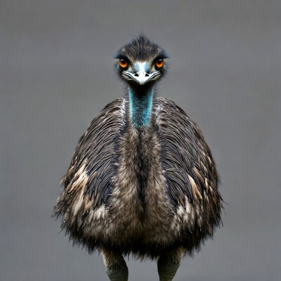 Emu with orange eyes on gray background