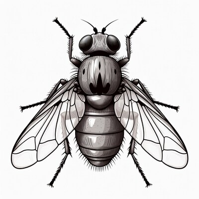 Detailed black and white housefly illustration