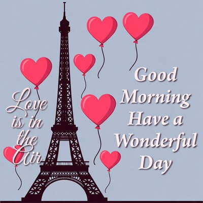Eiffel Tower with Heart Balloons Good Morning