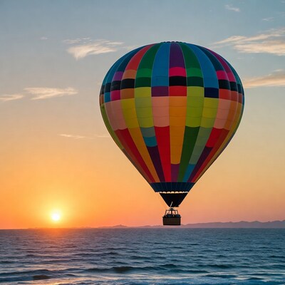 Colorful hot air balloon over ocean sunset