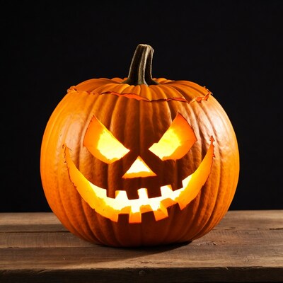 Lit Jack-o'-lantern on wooden table
