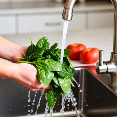 Hands Washing Spinach Under Faucet