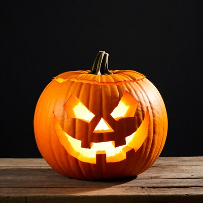 Lit Jack-o'-lantern on wooden table
