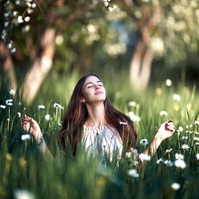 Woman lying in daisy field