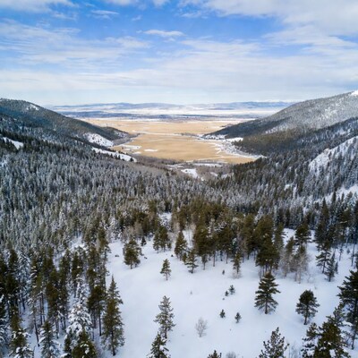 Snowy Mountain Valley with Golden Fields