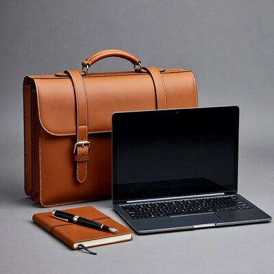 Brown leather briefcase with laptop and notebook