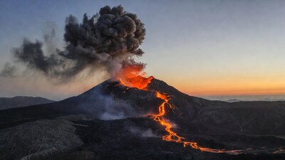Erupting volcano with lava flows at sunset