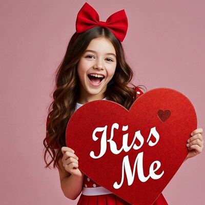 Girl holding Kiss Me heart sign