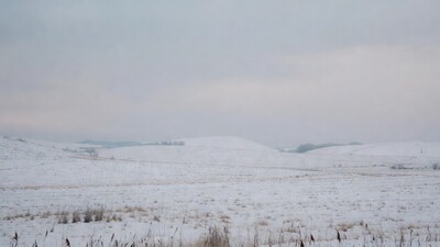 Snowy field with reeds and hills