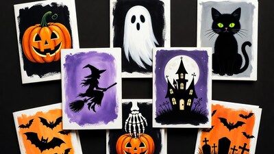 Halloween Cards with Pumpkins Witches Ghosts