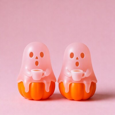 Two Pink Ghosts Holding Cups on Pumpkins