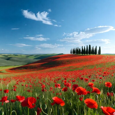 Red Poppy Field with Cypress Trees