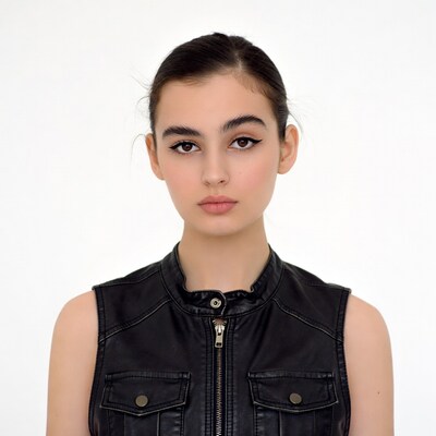 Young woman in black leather vest