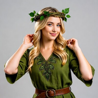Blonde woman in green dress with leaf crown