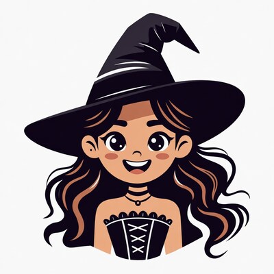 Smiling cartoon witch girl in black hat