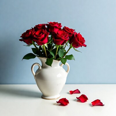 Red Roses in White Vase