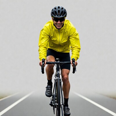 Man cycling on road in yellow rain jacket