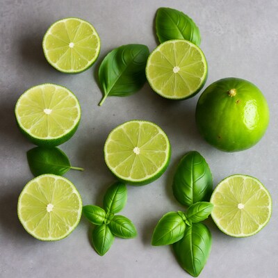 Limes and Basil Leaves on Gray Surface