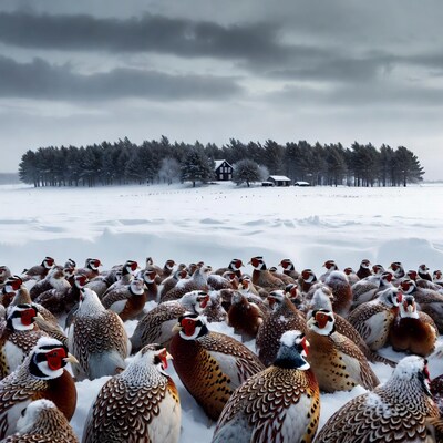 Pheasants on Snowy Field Near Cabin