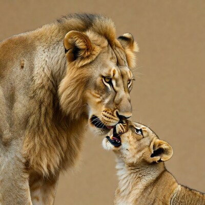 Lion nuzzling lion cub