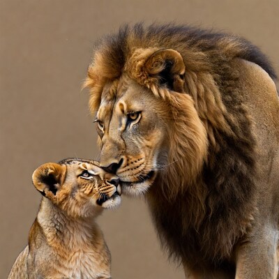 Lion nuzzling lion cub