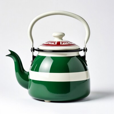 Green Enamel Teapot with White Handle