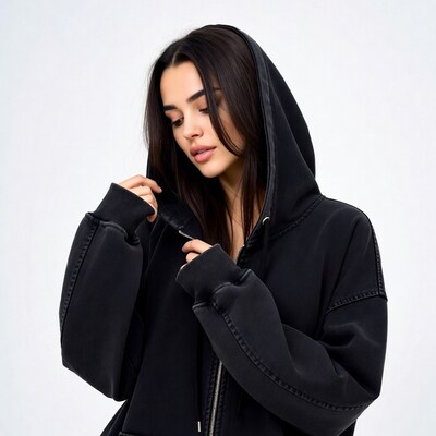 Woman in black hoodie