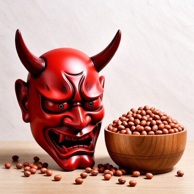 Red Oni Mask with Azuki Beans