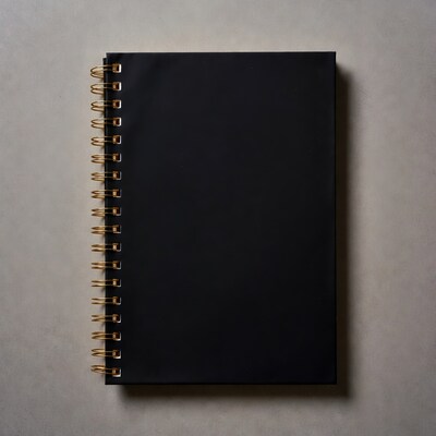 Black spiral notebook on gray background