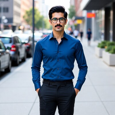 Handsome man in blue shirt on city street