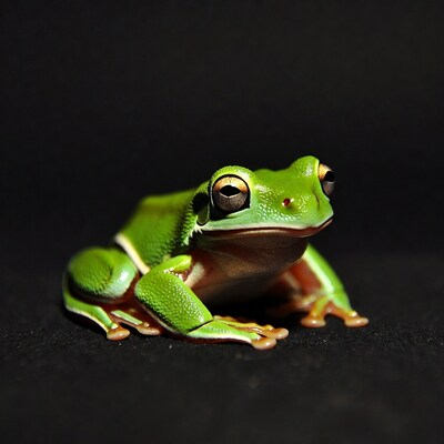 Green tree frog on black background