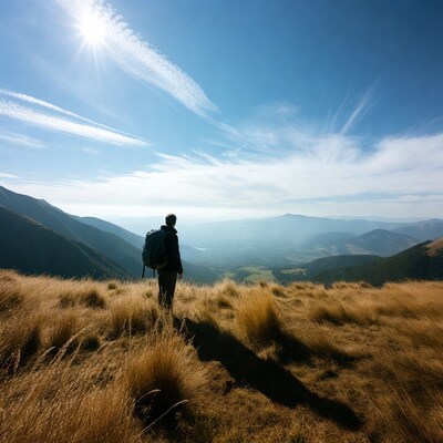 Hiker overlooking mountains from grassy ridge
